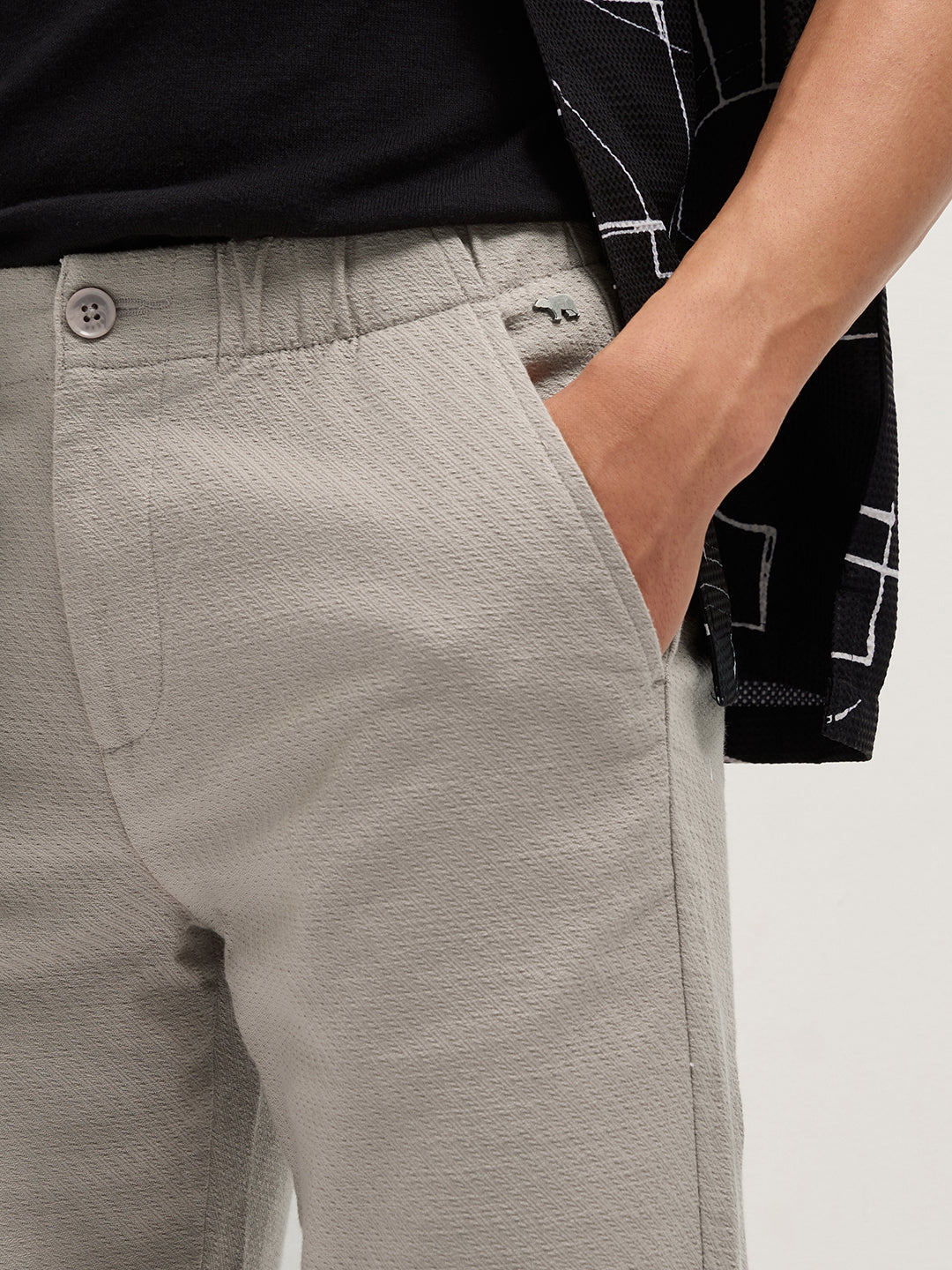 Beige Textured Straight Fit Casual Trousers with an Elasticated Waistband by The Bear House