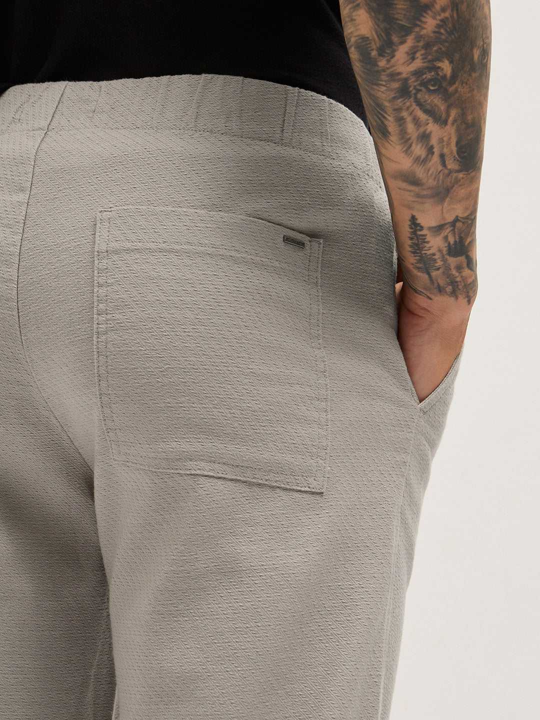 Beige Textured Straight Fit Casual Trousers with an Elasticated Waistband by The Bear House