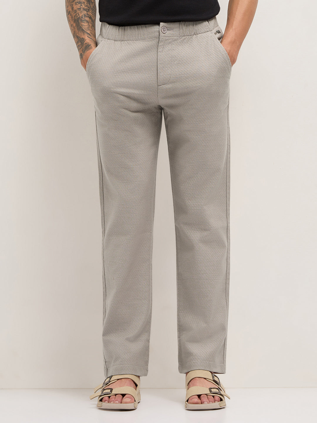 Beige Textured Straight Fit Casual Trousers with an Elasticated Waistband by The Bear House