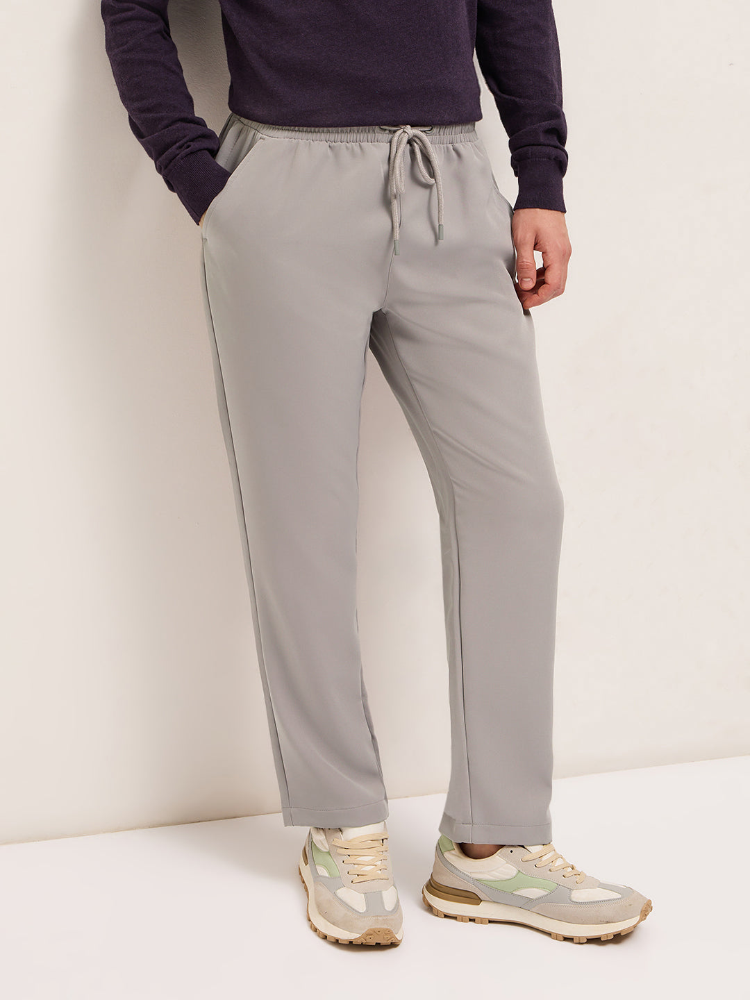 Light Grey Classic Korean-Inspired Elastic Waist Casual Trouser by The Bear House