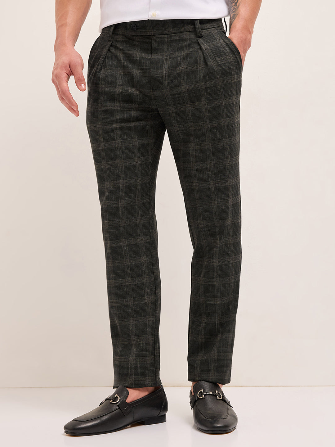 Black Woven Checked Regular Fit Formal Trousers by The Bear House