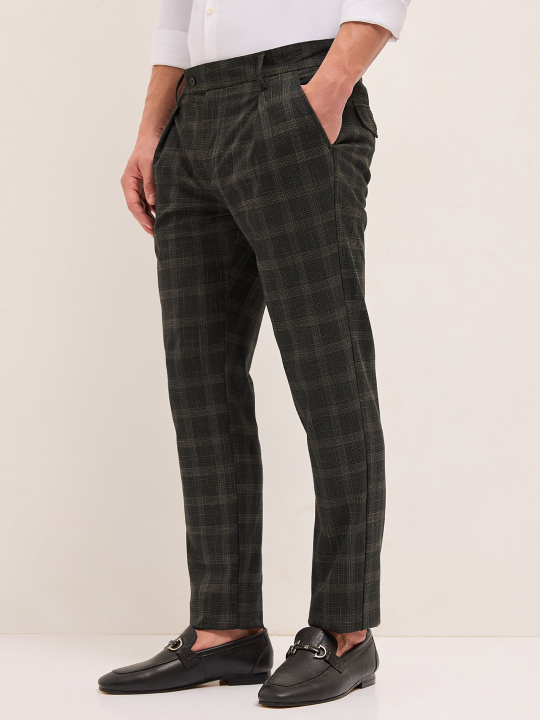 Black Woven Checked Regular Fit Formal Trousers by The Bear House
