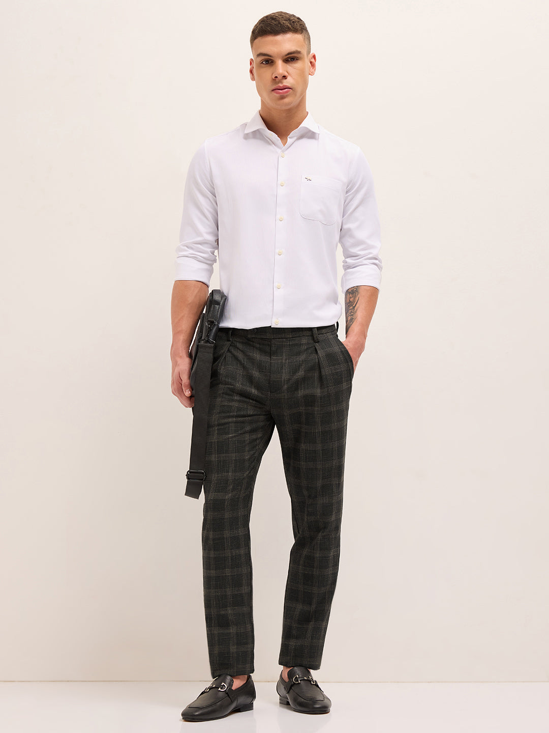 Black Woven Checked Regular Fit Formal Trousers by The Bear House
