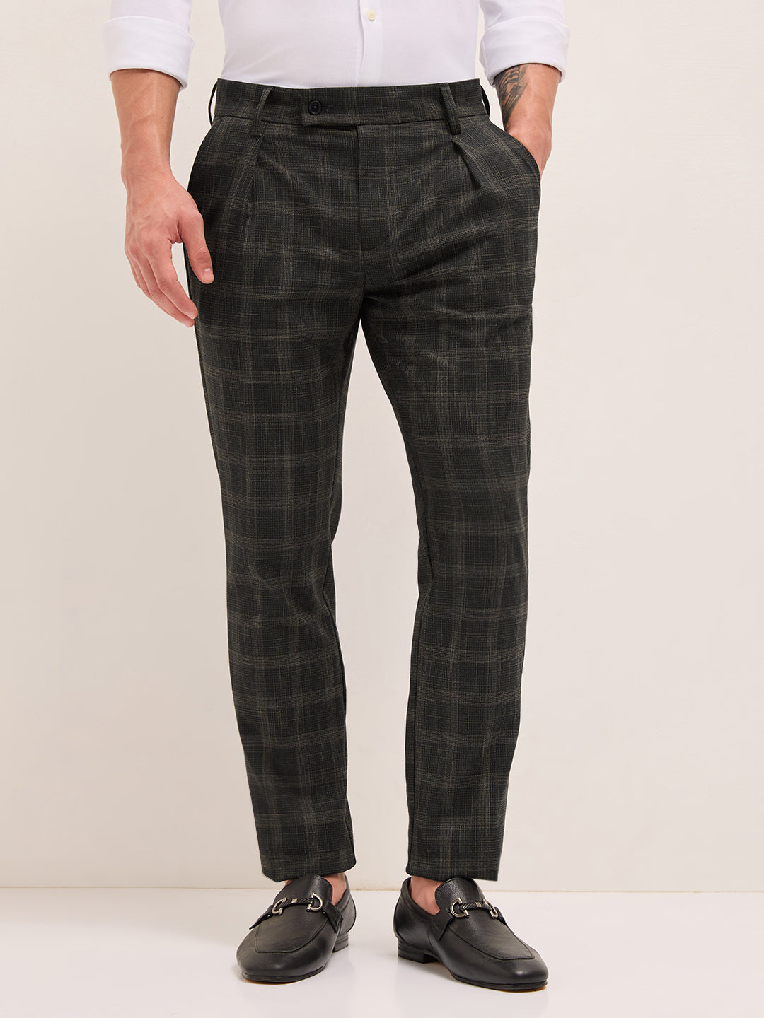 Black Woven Checked Regular Fit Formal Trousers by The Bear House