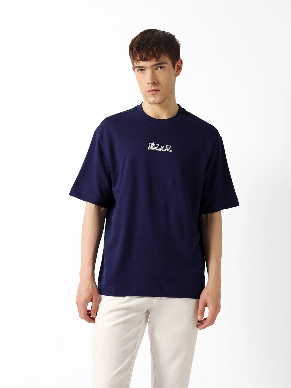 Blue Oversized Fit Crew Neck T-Shirt with Graphic Bear Print on the Back by The Bear House