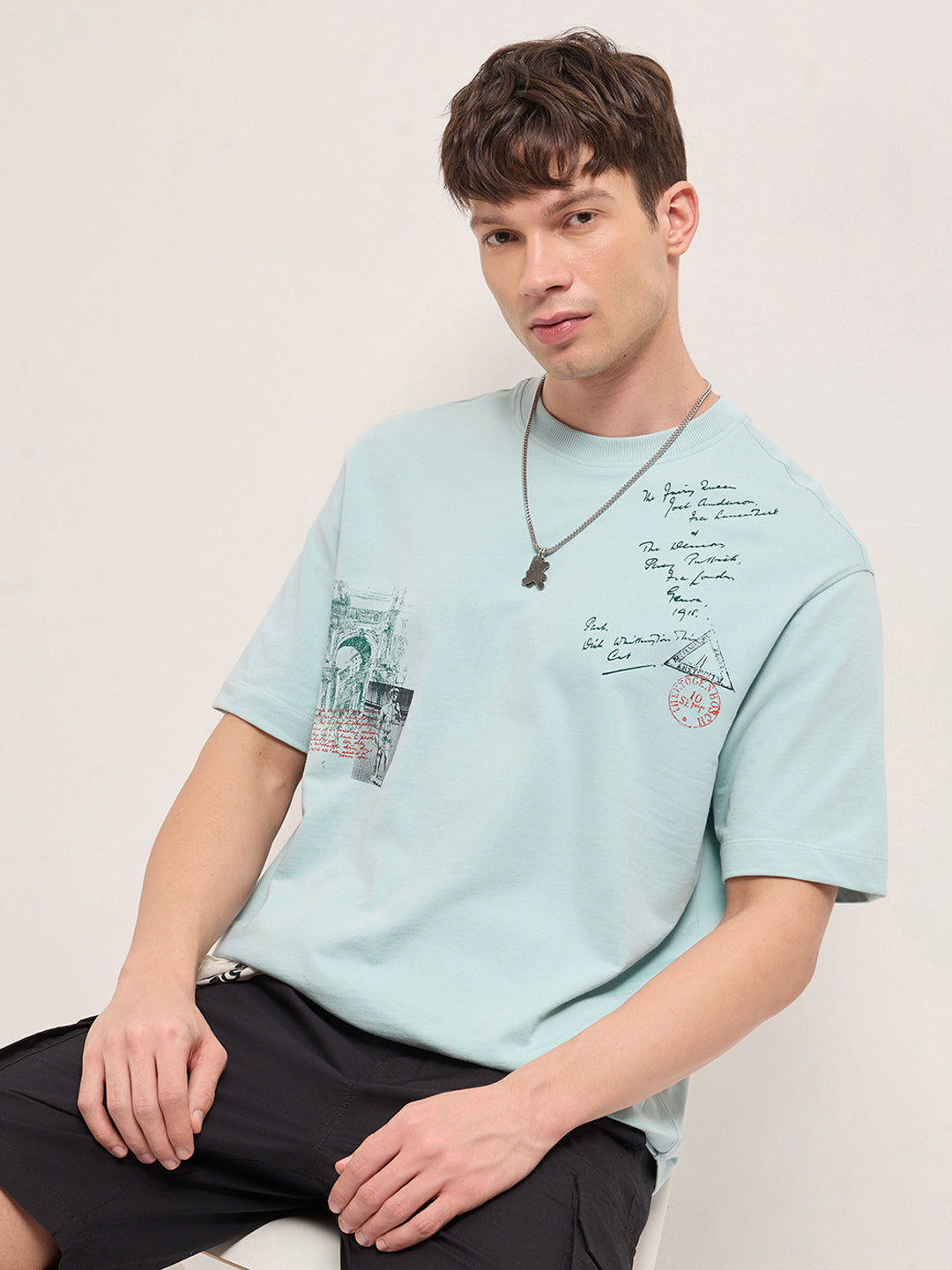Light Mint Green Crew Neck Graphic Print T-Shirt with Back Stamp Statue Illustration by The Bear House
