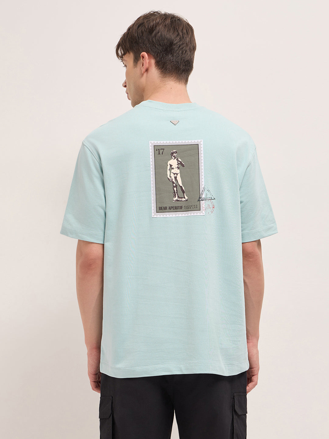 Light Mint Green Crew Neck Graphic Print T-Shirt with Back Stamp Statue Illustration by The Bear House