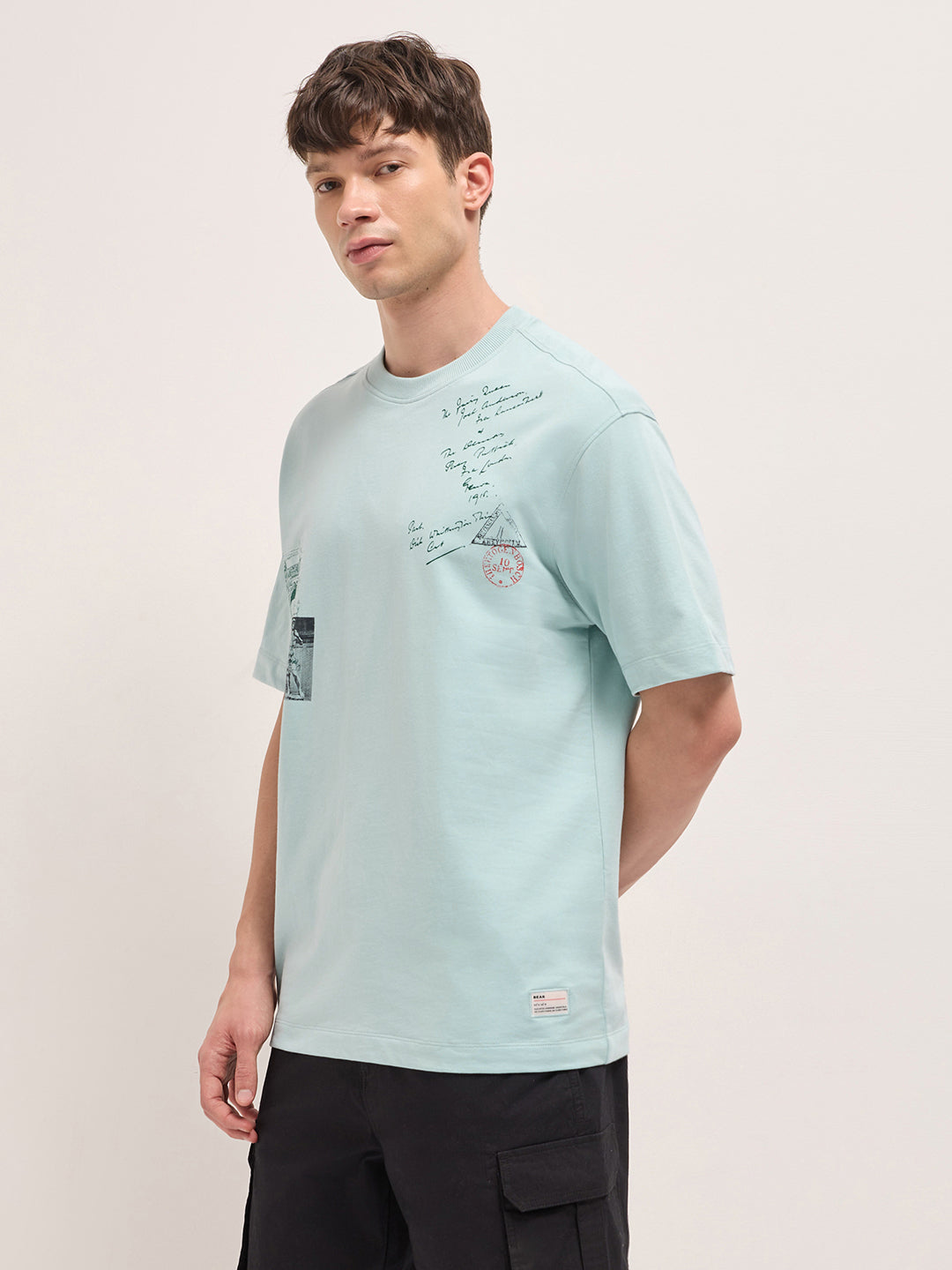 Light Mint Green Crew Neck Graphic Print T-Shirt with Back Stamp Statue Illustration by The Bear House