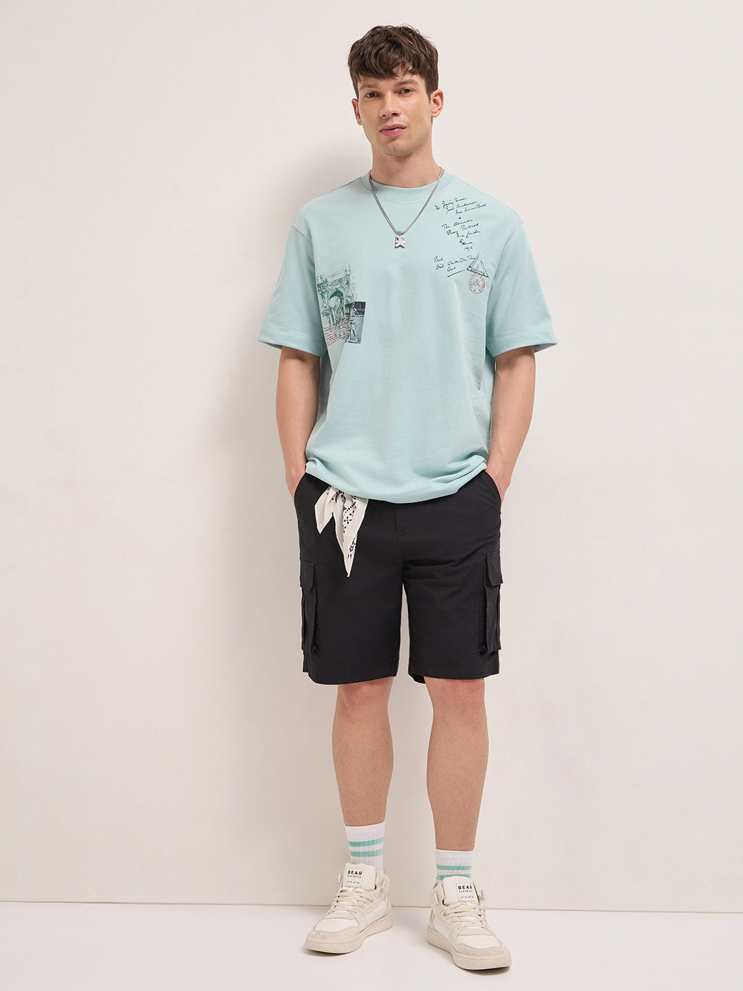 Light Mint Green Crew Neck Graphic Print T-Shirt with Back Stamp Statue Illustration by The Bear House