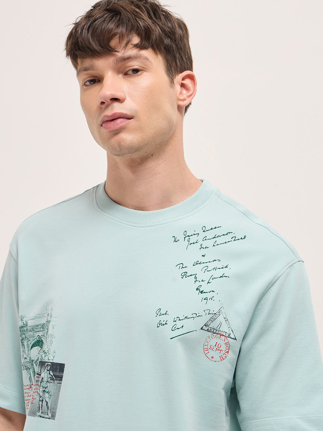 Light Mint Green Crew Neck Graphic Print T-Shirt with Back Stamp Statue Illustration by The Bear House