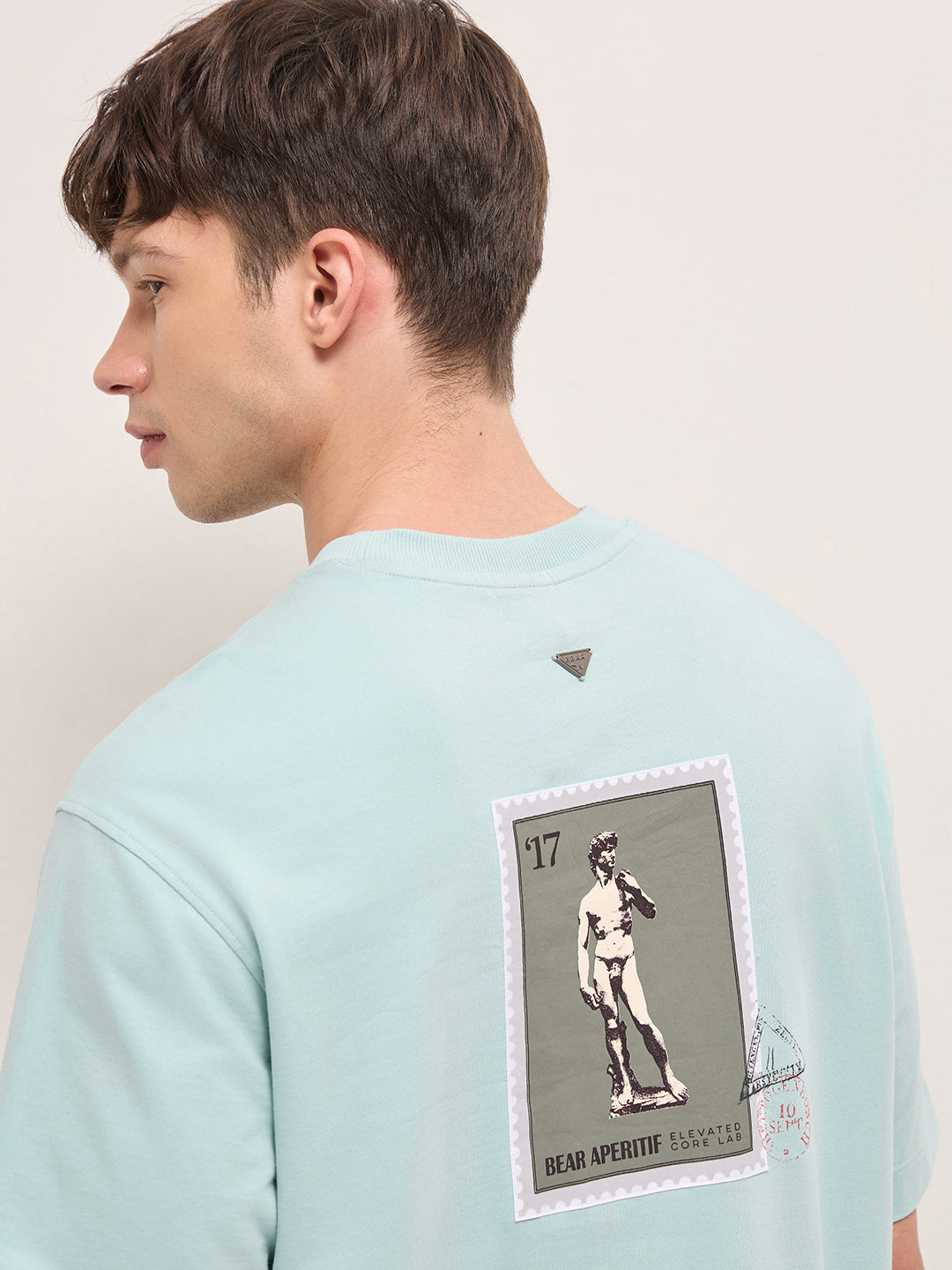 Light Mint Green Crew Neck Graphic Print T-Shirt with Back Stamp Statue Illustration by The Bear House