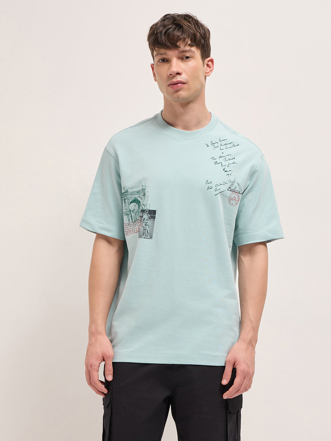 Light Mint Green Crew Neck Graphic Print T-Shirt with Back Stamp Statue Illustration by The Bear House