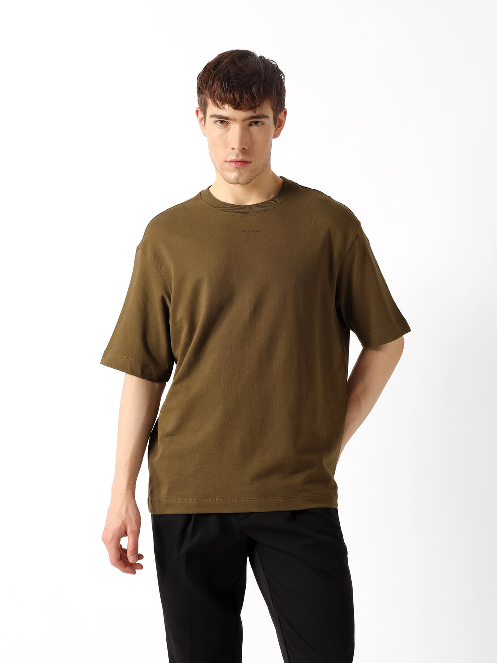 Olive Oversized Fit Crew Neck T-Shirt with Graphic Print on the Back by The Bear House