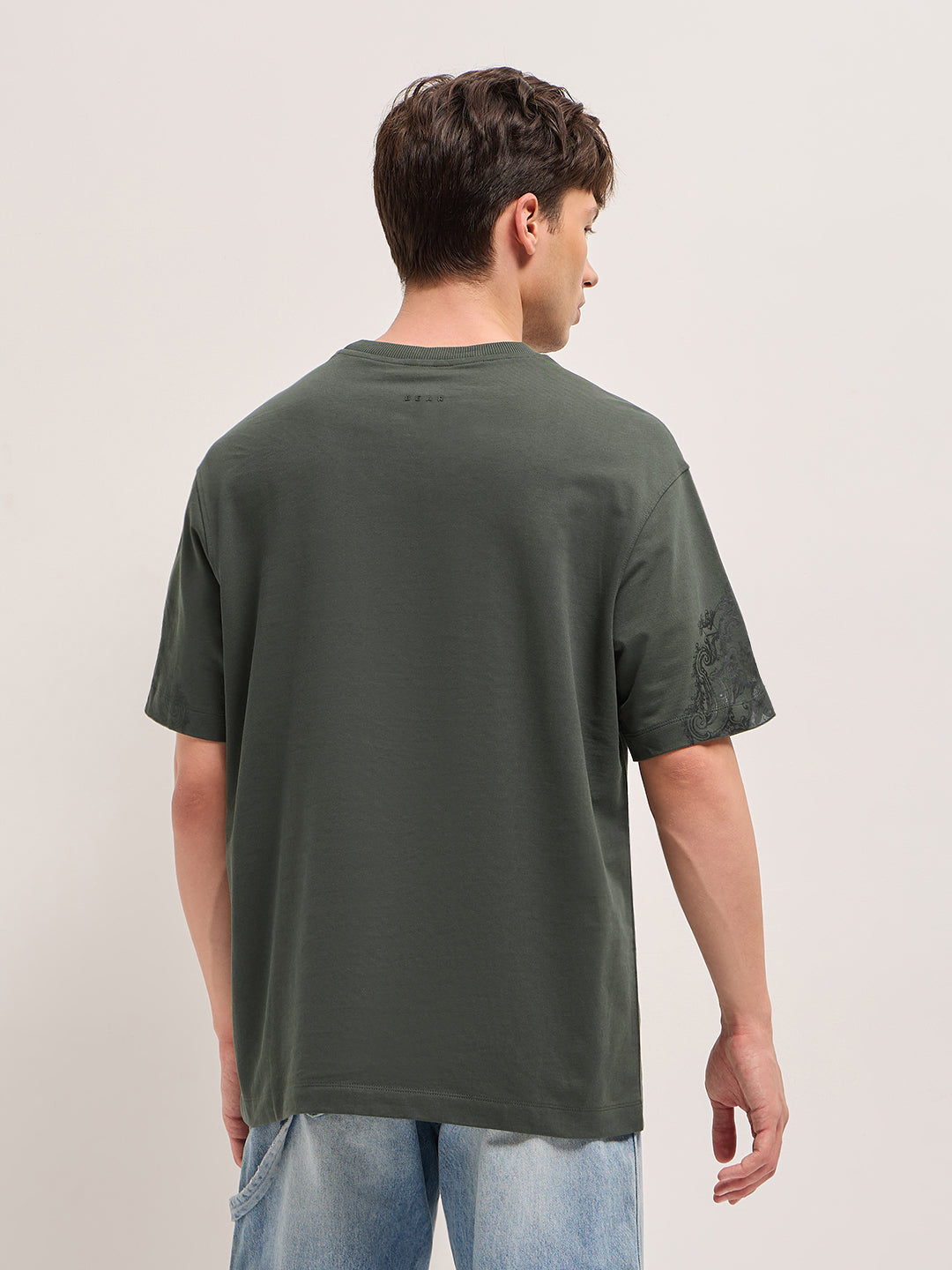 Grey Crew Neck Graphic Print T-Shirt with Octagonal Motif and Sleeve Design by The Bear House