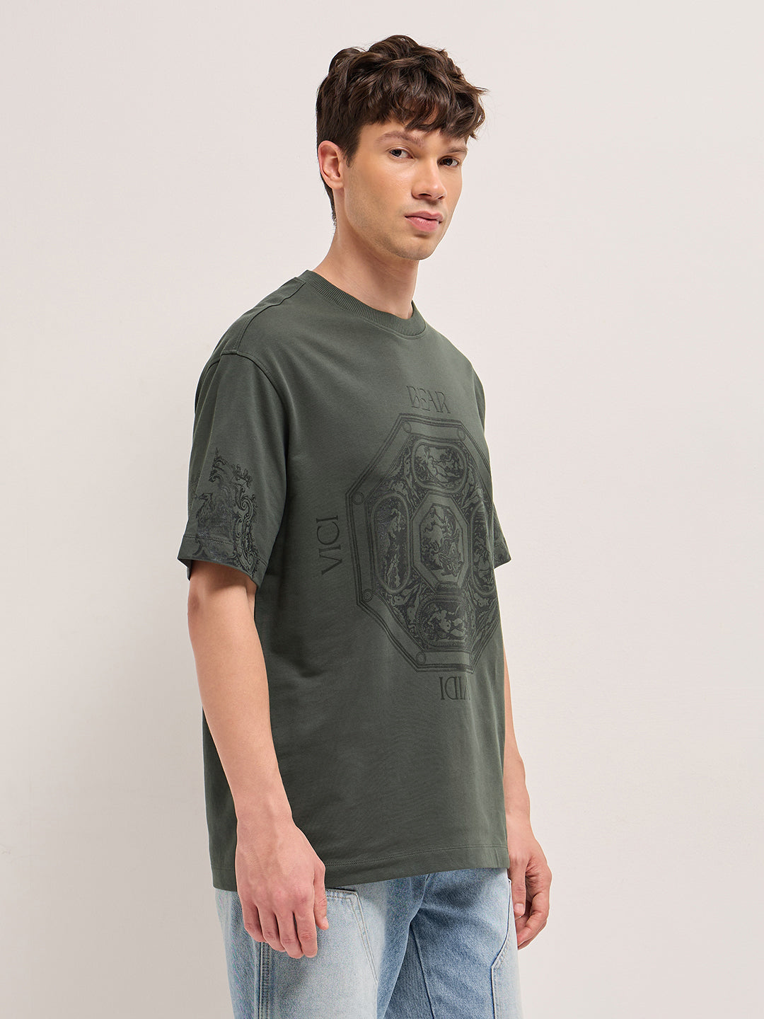 Grey Crew Neck Graphic Print T-Shirt with Octagonal Motif and Sleeve Design by The Bear House