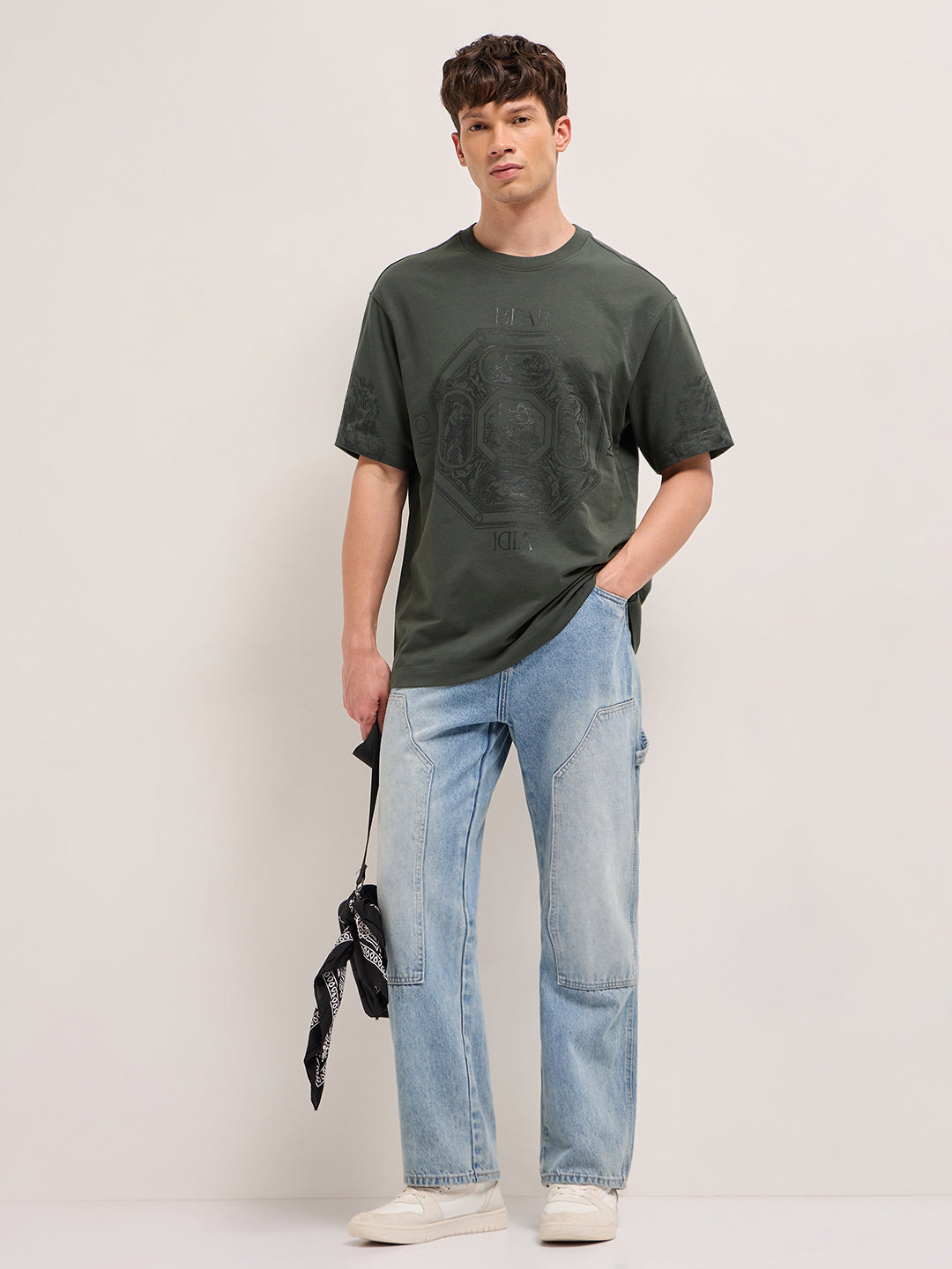 Grey Crew Neck Graphic Print T-Shirt with Octagonal Motif and Sleeve Design by The Bear House