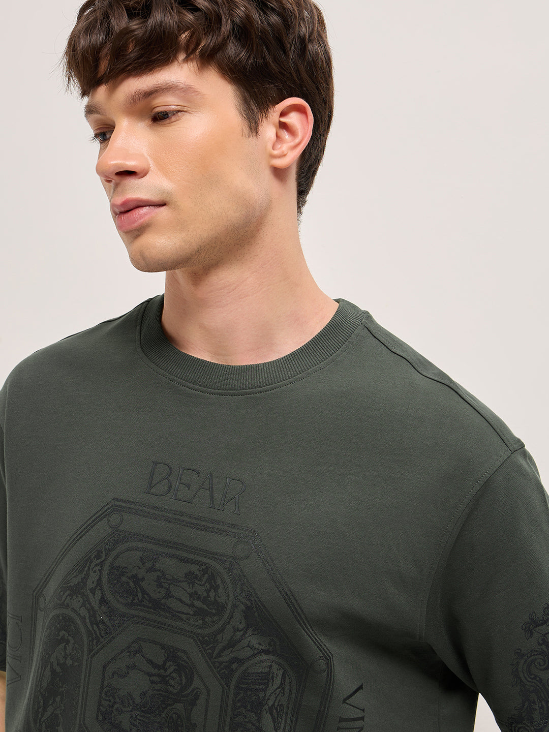 Grey Crew Neck Graphic Print T-Shirt with Octagonal Motif and Sleeve Design by The Bear House