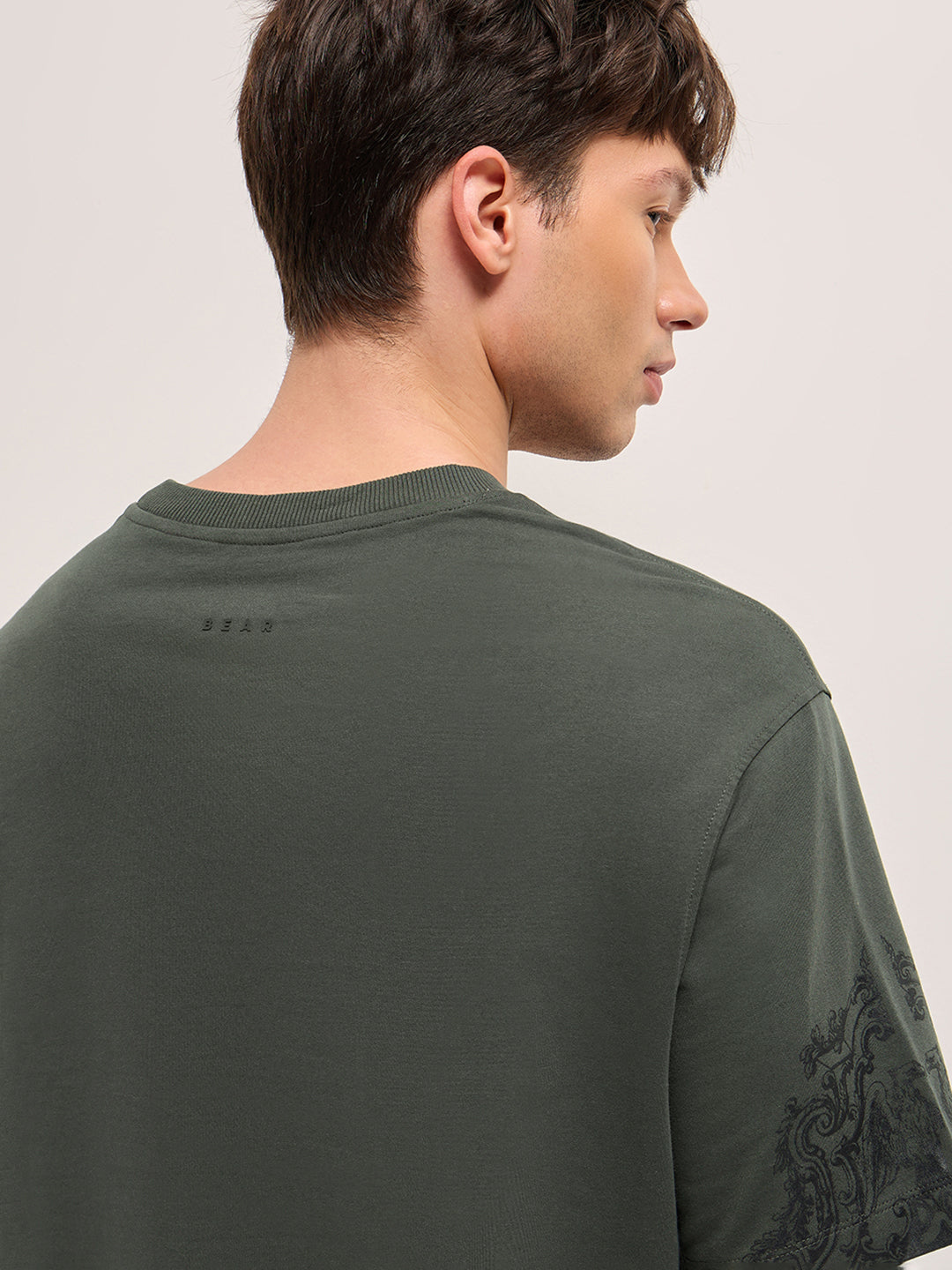 Grey Crew Neck Graphic Print T-Shirt with Octagonal Motif and Sleeve Design by The Bear House