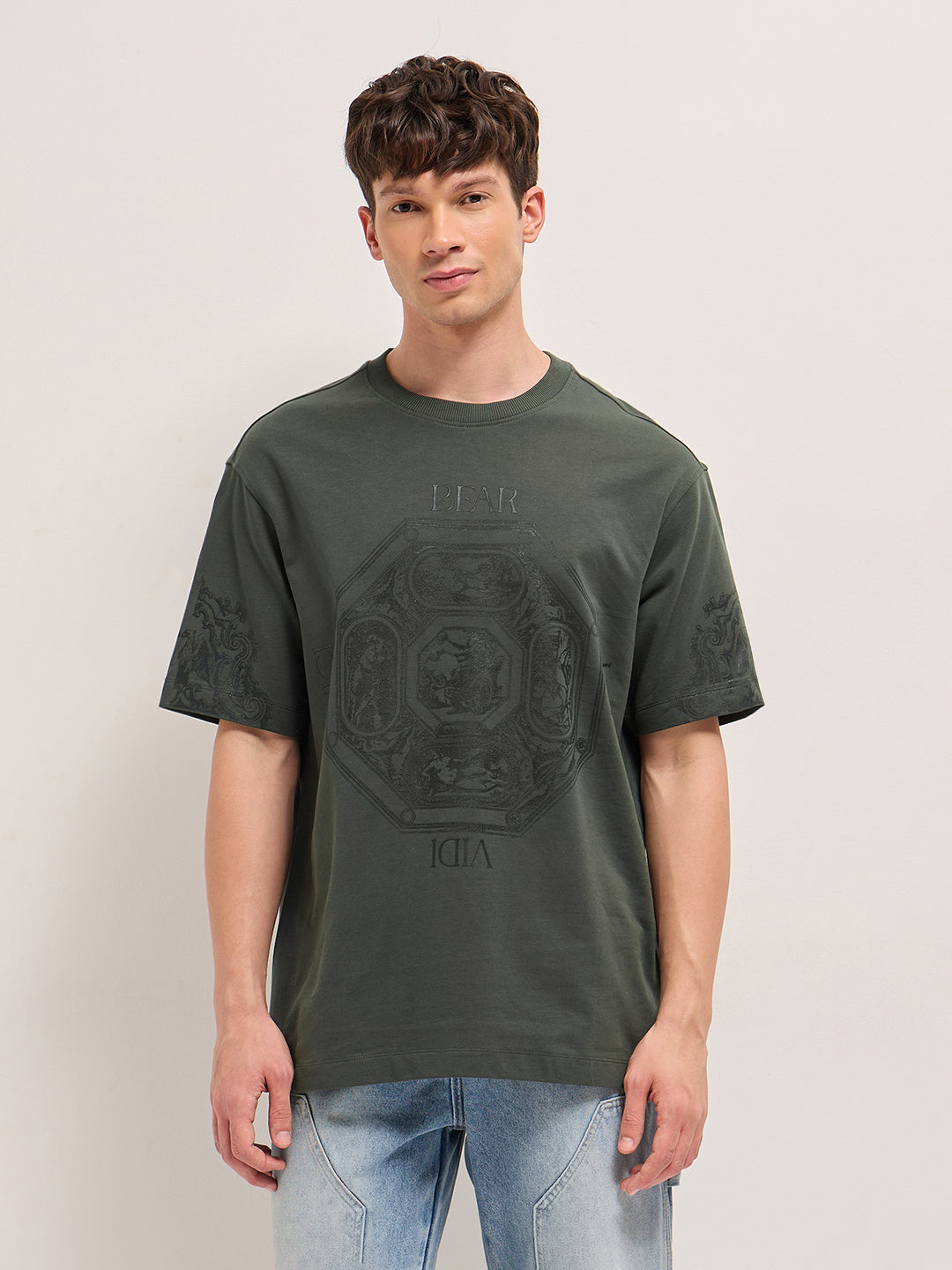 Grey Crew Neck Graphic Print T-Shirt with Octagonal Motif and Sleeve Design by The Bear House