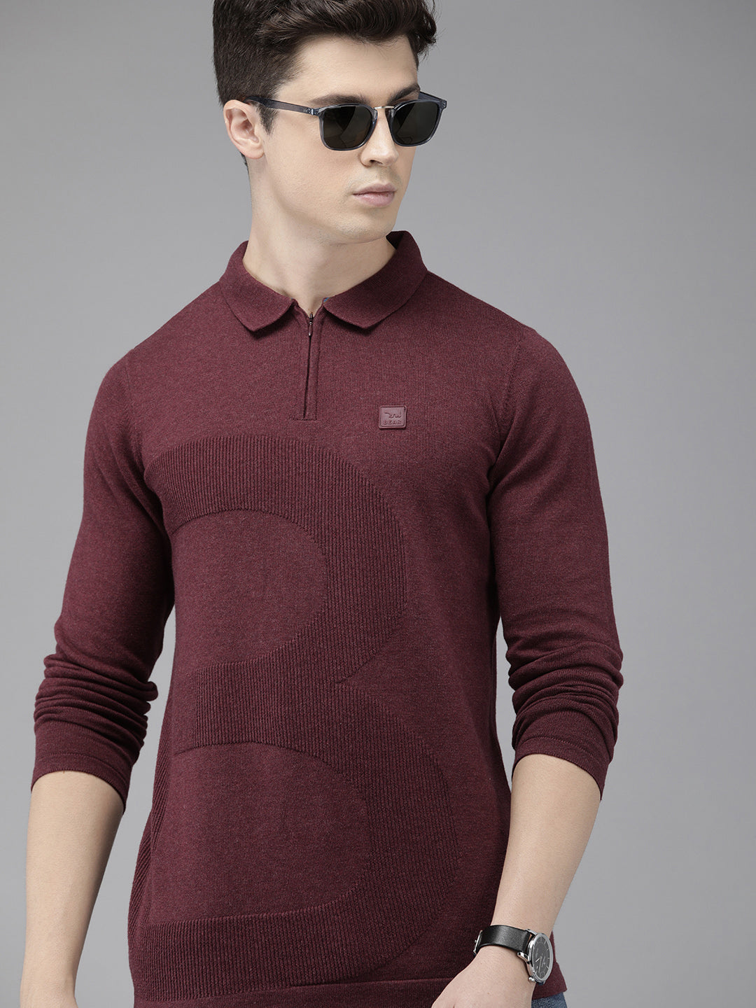 Murano: Maroon Self-Design Slim Fit Polo T-Shirt for Men by The Bear House