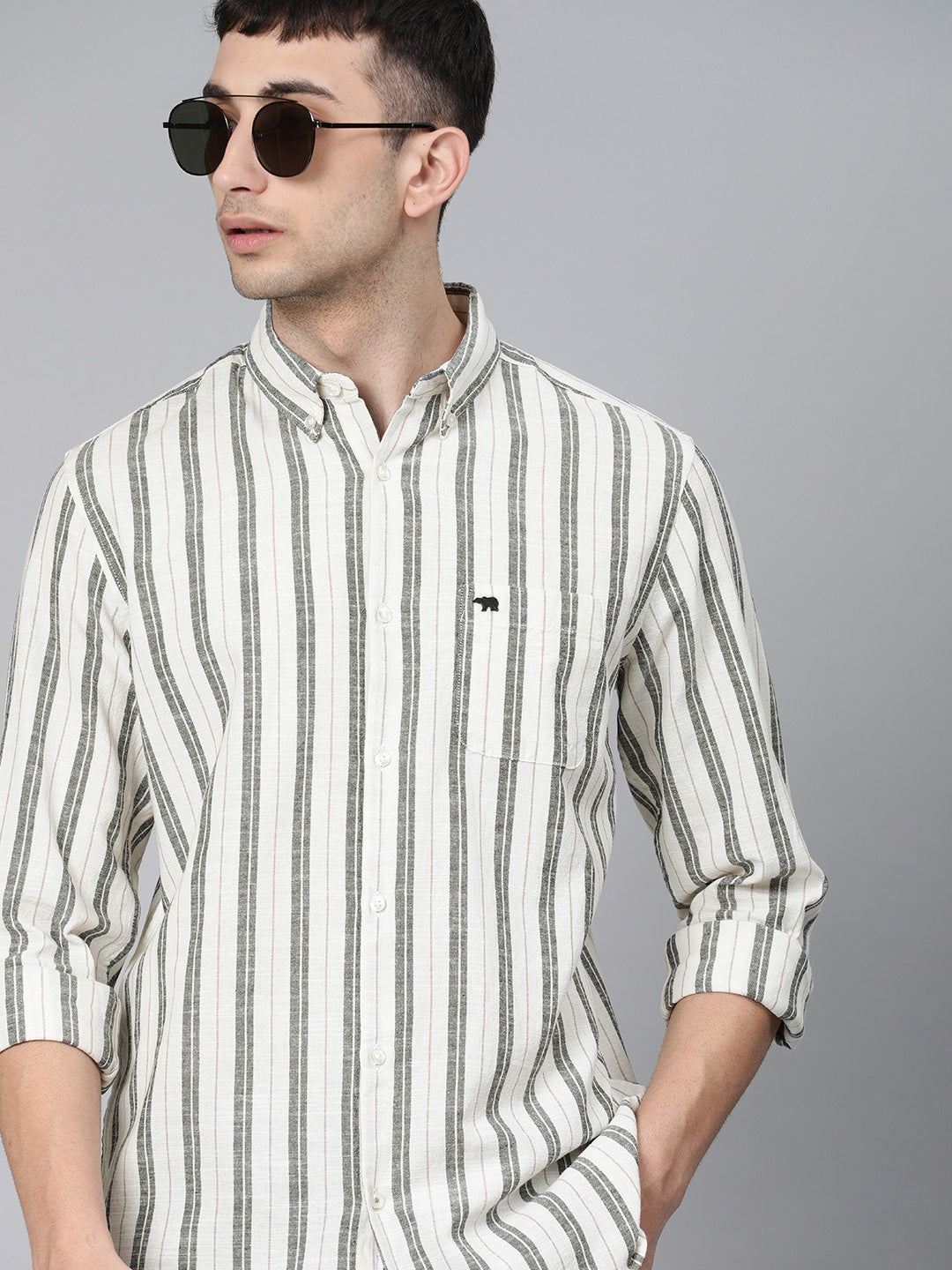 Men Cream Striped Slim Fit Cotton Casual Shirt by The Bear House