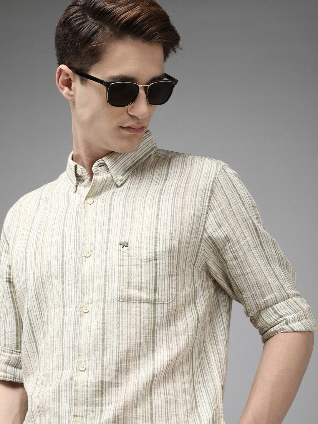 Men Cream Striped Slim Fit Cotton Linen Casual Shirt by The Bear House