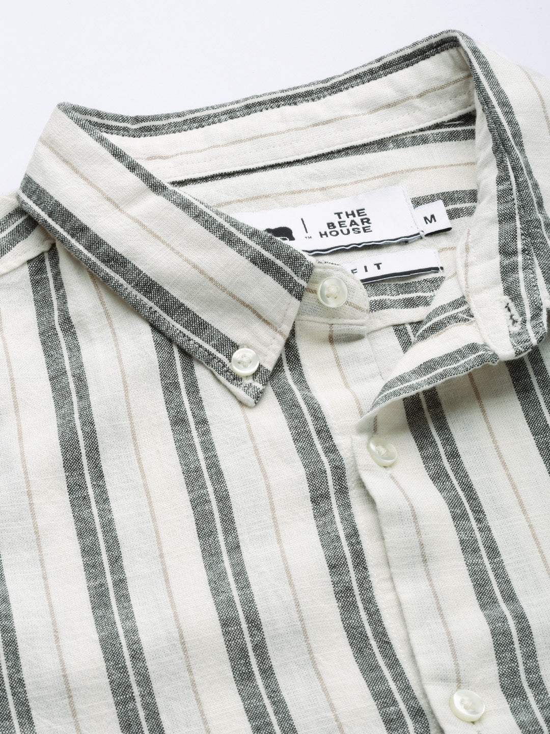 Men Cream Striped Slim Fit Cotton Casual Shirt by The Bear House