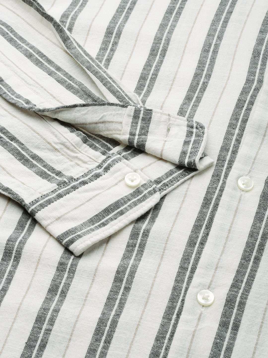 Men Cream Striped Slim Fit Cotton Casual Shirt by The Bear House