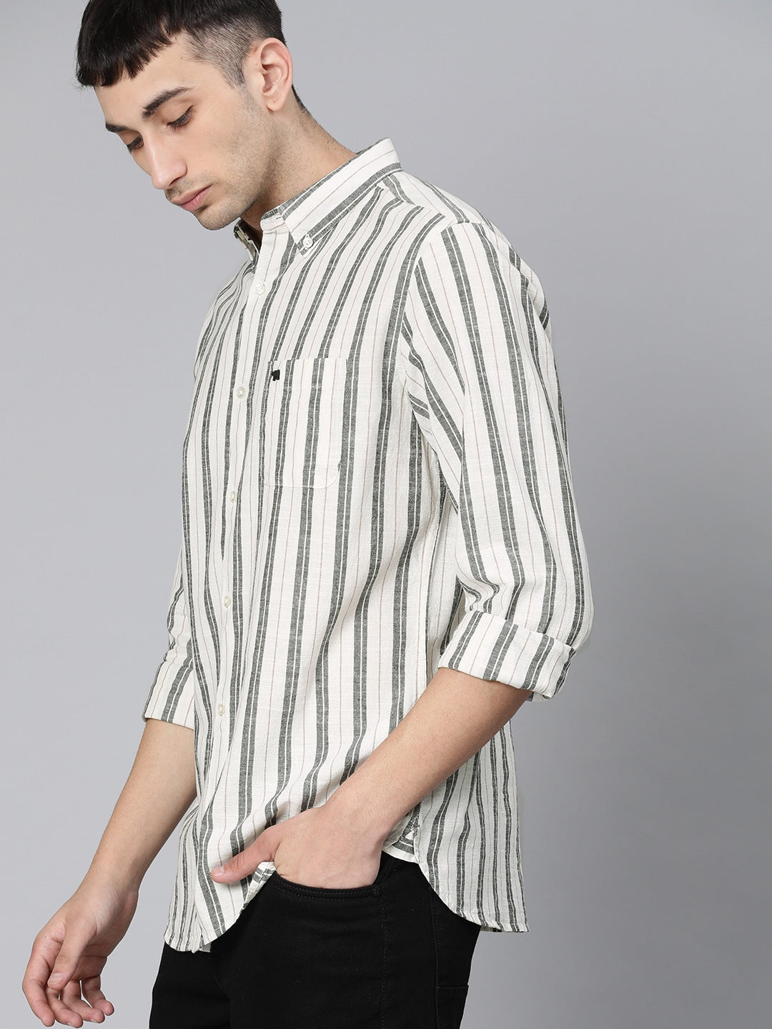 Men Cream Striped Slim Fit Cotton Casual Shirt by The Bear House