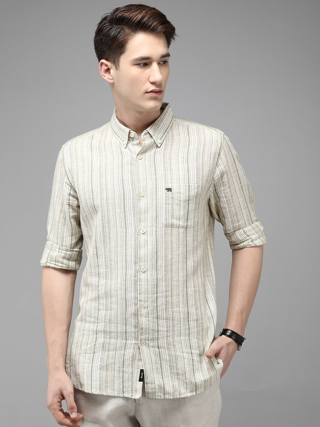 Men Cream Striped Slim Fit Cotton Linen Casual Shirt by The Bear House