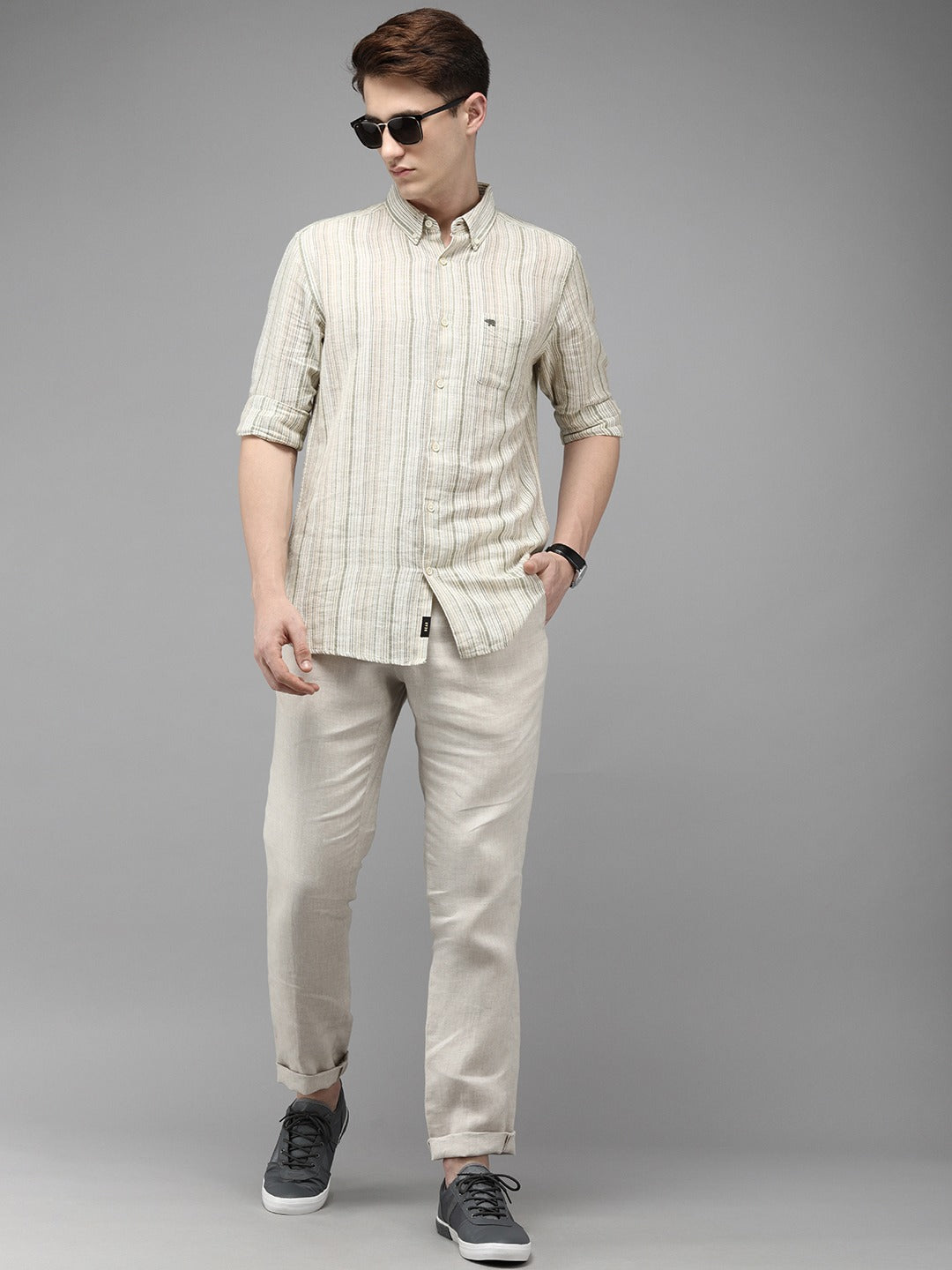 Men Cream Striped Slim Fit Cotton Linen Casual Shirt by The Bear House
