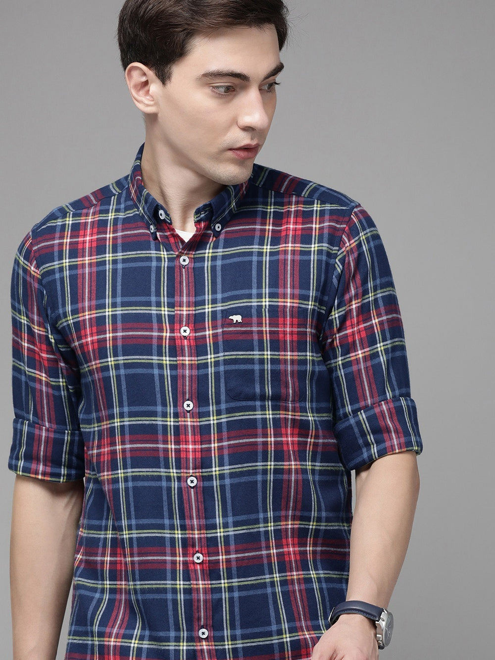 Men Blue Slim Flannel Button-Down Casual Shirt by The Bear House