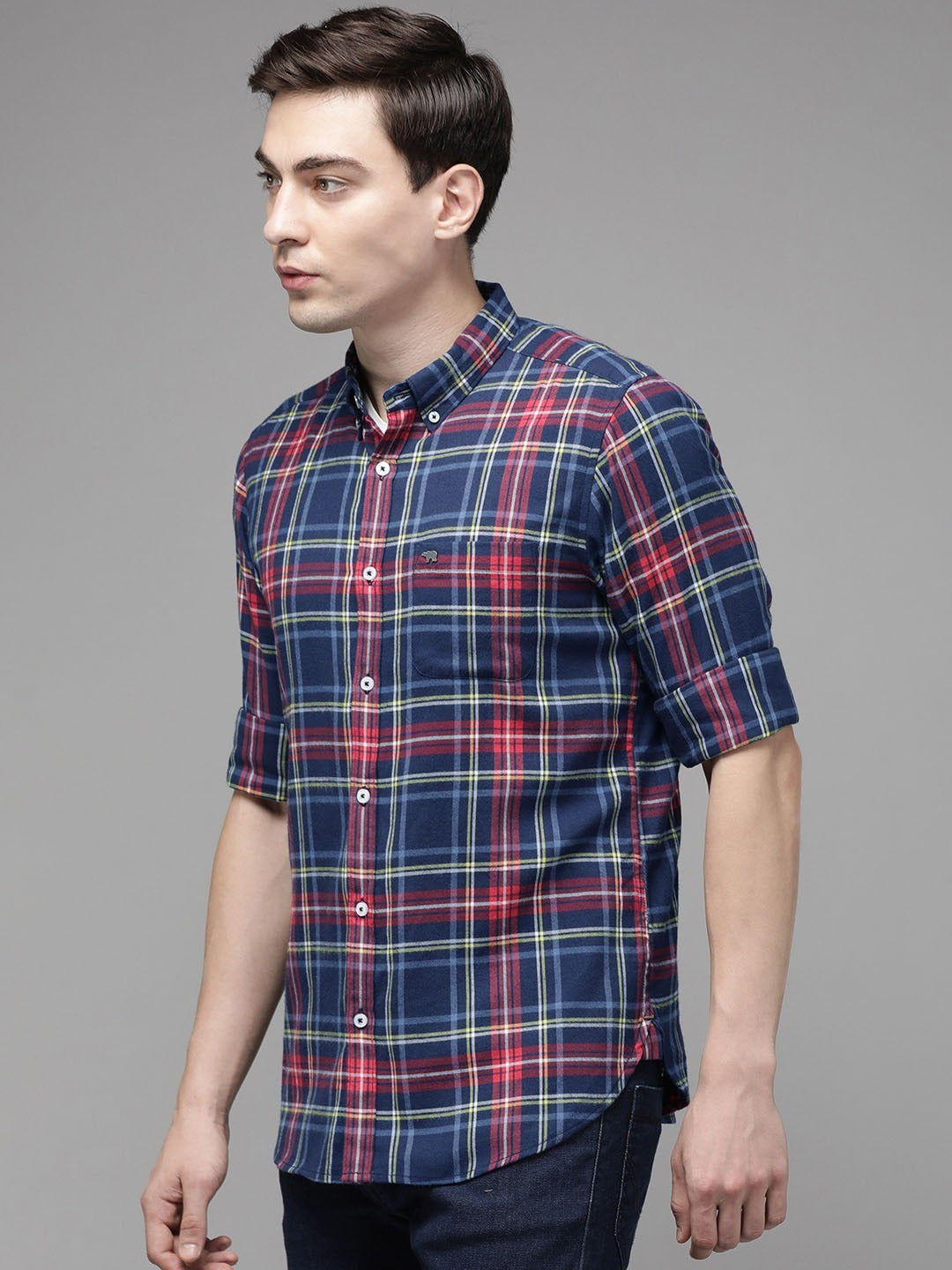 Incline: Blue Checked Slim Fit Full Sleeve Flannel Shirt for Men by The Bear House