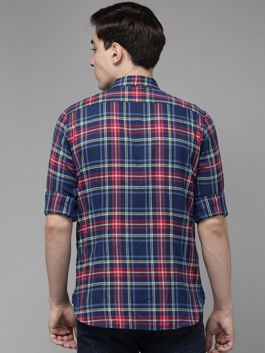 Men Blue Slim Flannel Button-Down Casual Shirt by The Bear House
