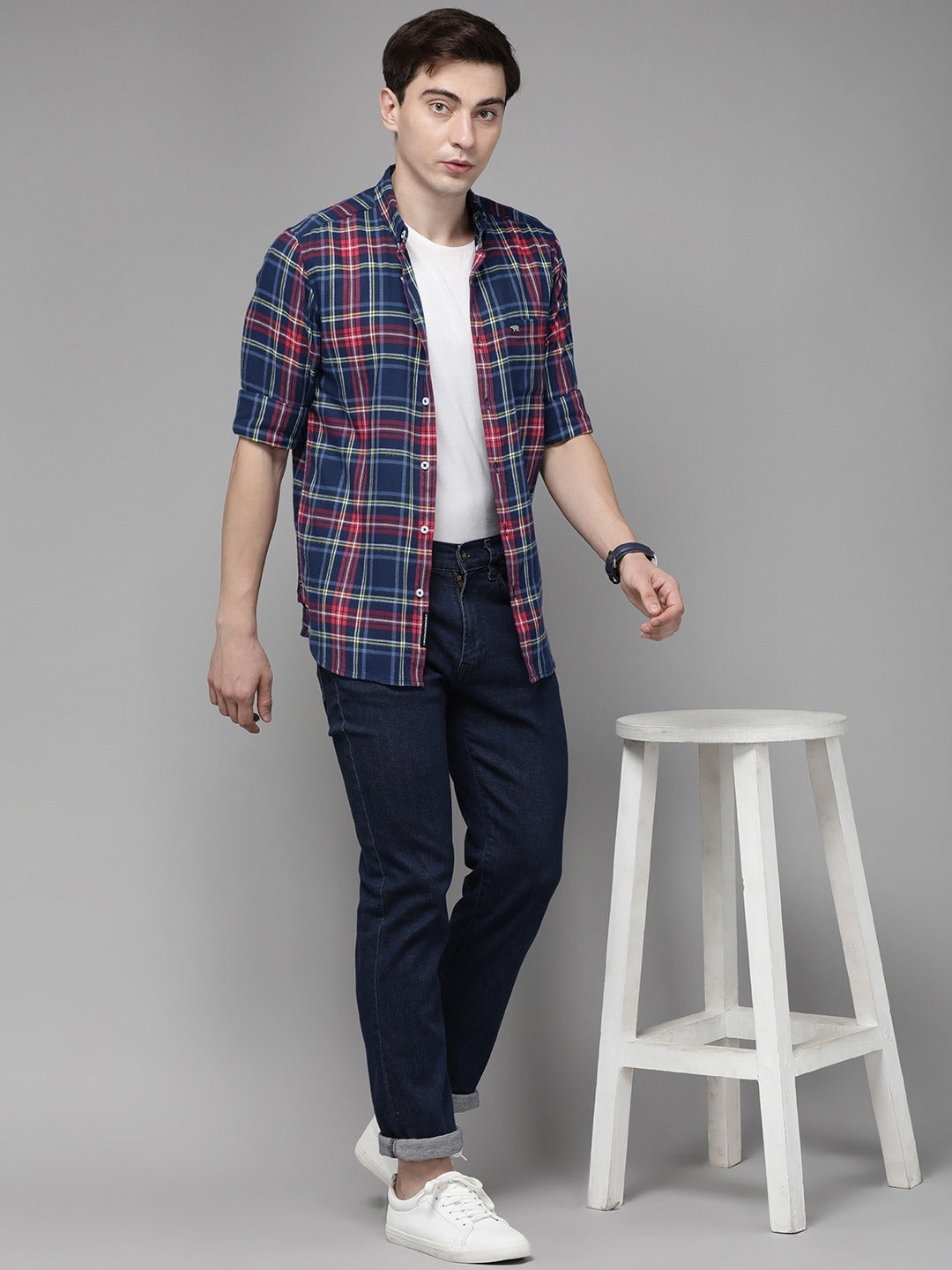 Men Blue Slim Flannel Button-Down Casual Shirt by The Bear House