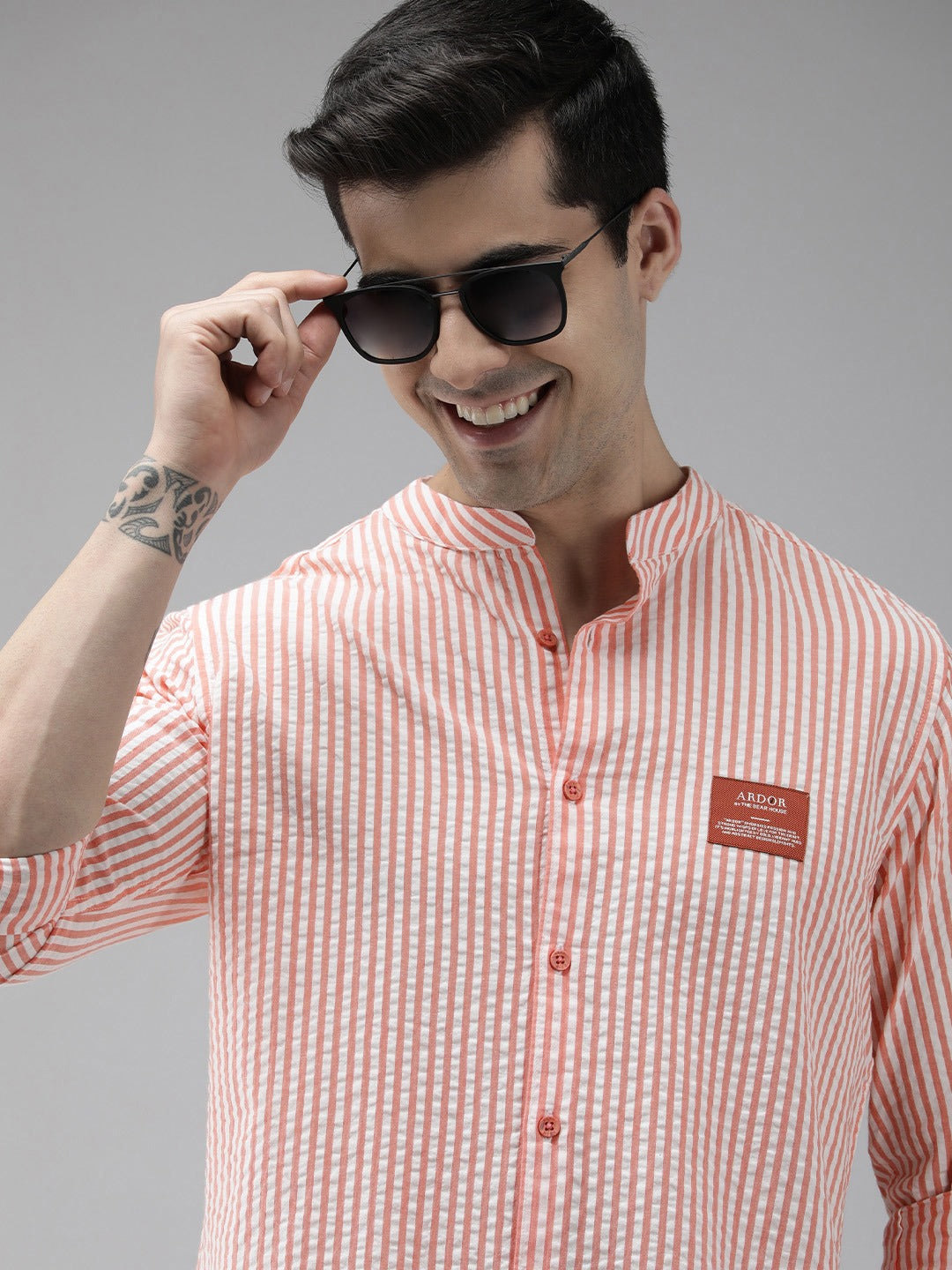 Men Peach Slim Fit Cotton Casual Shirt by The Bear House