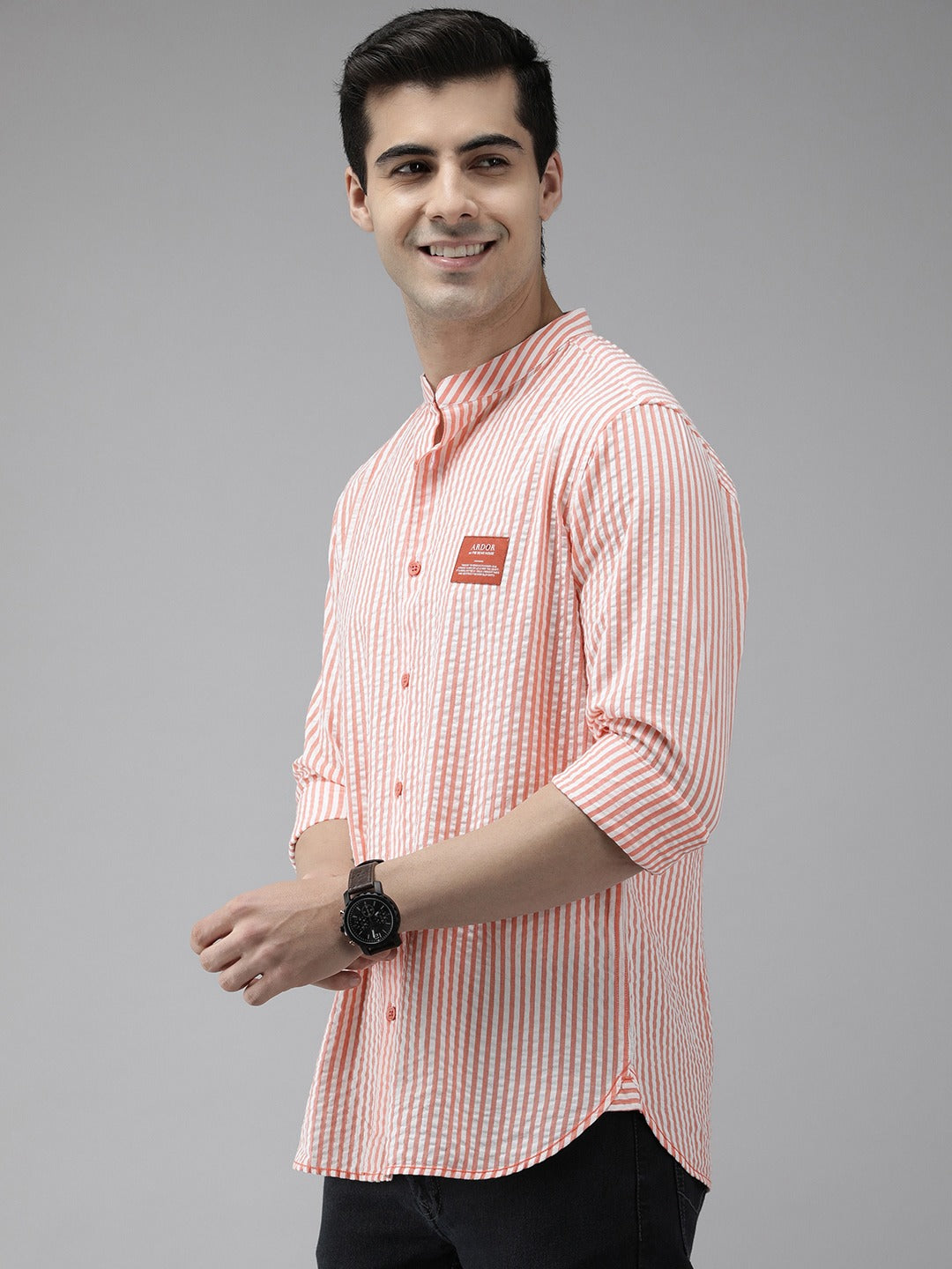 Seers: Peach Striped Slim Fit Full Sleeve Shirt for Men by The Bear House