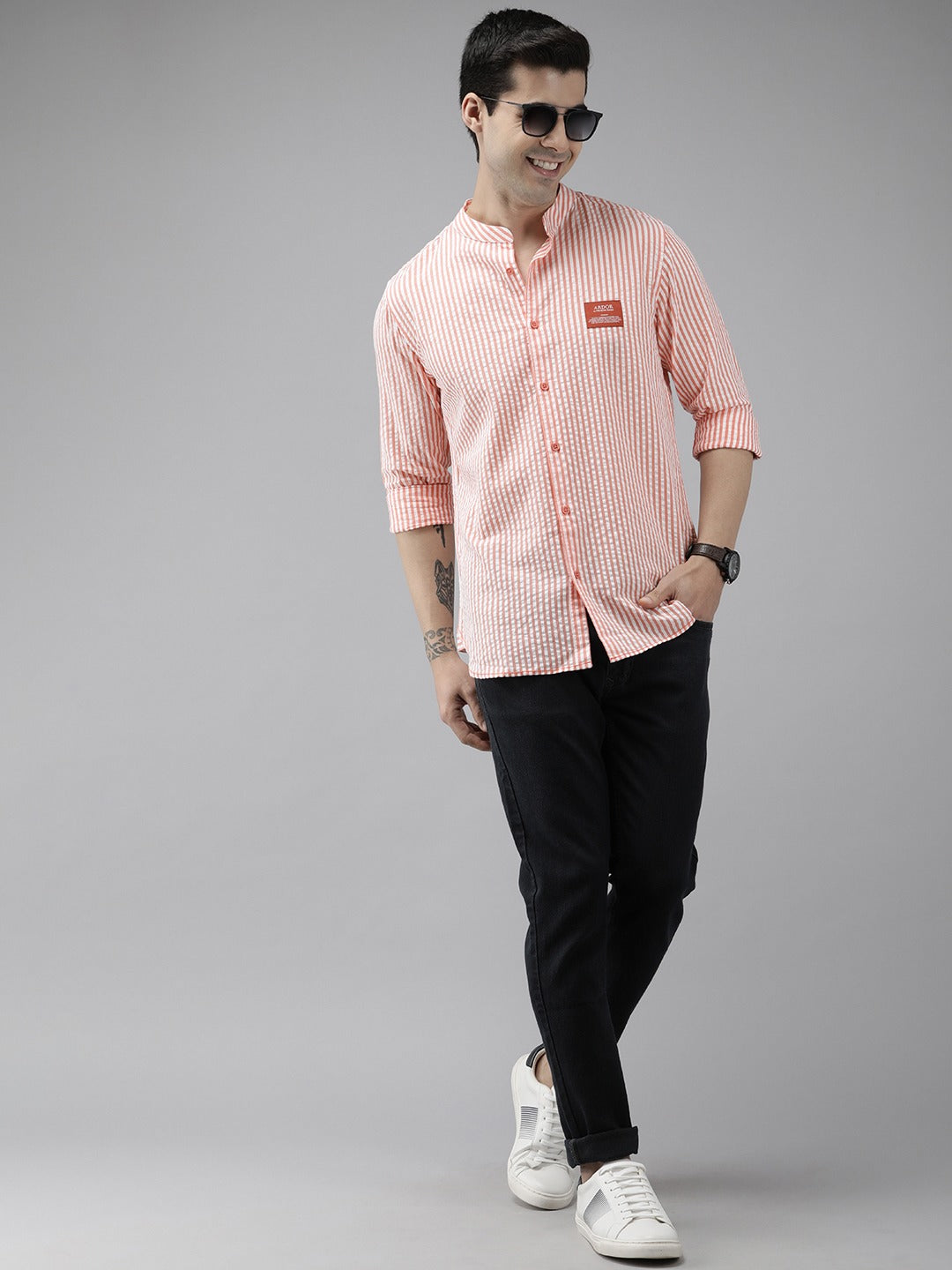 Men Peach Slim Fit Cotton Casual Shirt by The Bear House