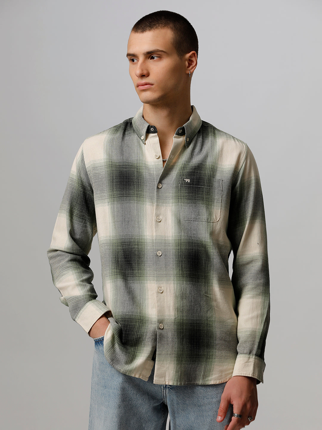 Men Green Checked Slim Fit Cotton Casual Shirt by The Bear House