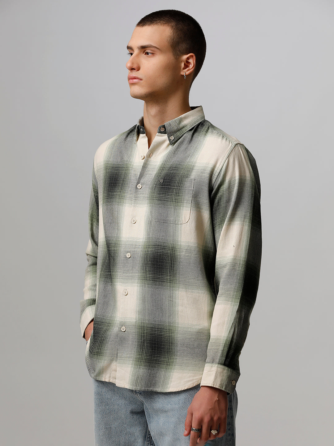 Men Green Checked Slim Fit Cotton Casual Shirt by The Bear House