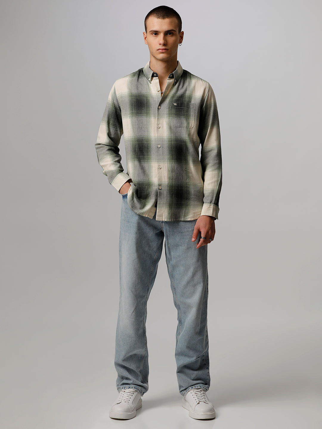 Men Green Checked Slim Fit Cotton Casual Shirt by The Bear House